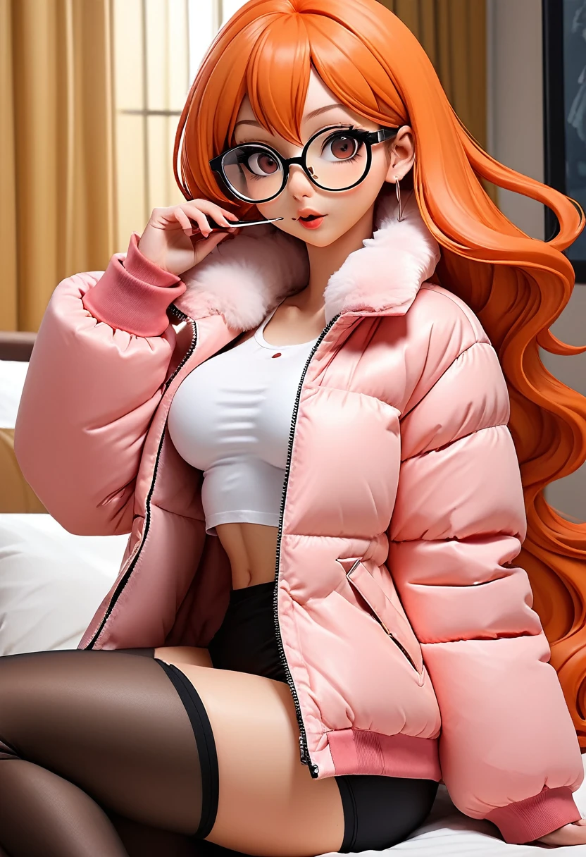 ahegao, masturbation, Very big and long Dildo in ass, nacked Pink Cropped fur puffer jacke, ANIME CARTOON, big boobs, high heels, Susan test, very long orange hair, vibrator on nipple, vibrator under clothes, 
vibrator in thighhighs, blowjob dildo, glasses, nacked