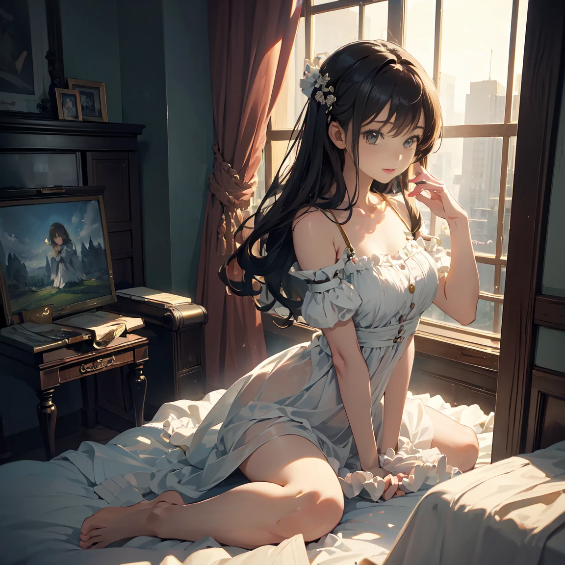 1girl,(bright lighting,romantic setting),dreamy background,,dark hair, mesmerizing gaze, , soft skin, alluring beauty, artistic portrait, high-quality image, vibrant colors,long  floral sheer skirt, mosquito net, romantic bedroom, sidesuspension,solobound,blindfold,gag