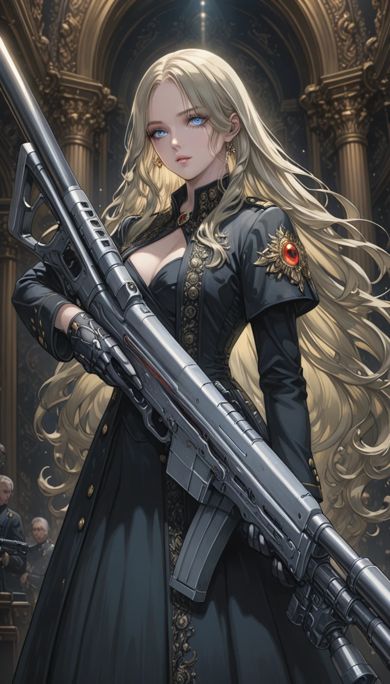 a tall woman in a black dress holding a long anti-materiel rifle, opera, (third eye:0.8), black dress, open jacket, gloves, military uniform, platinum blonde hair, long hair, 8k, intricate detail, cinematic lighting, amazing quality, amazing shading, detailed Illustration, wallpaper, official art, extremely detailed eyes and face, beautiful detailed eyes, ((masterpiece, best quality)), from side, full body, navel