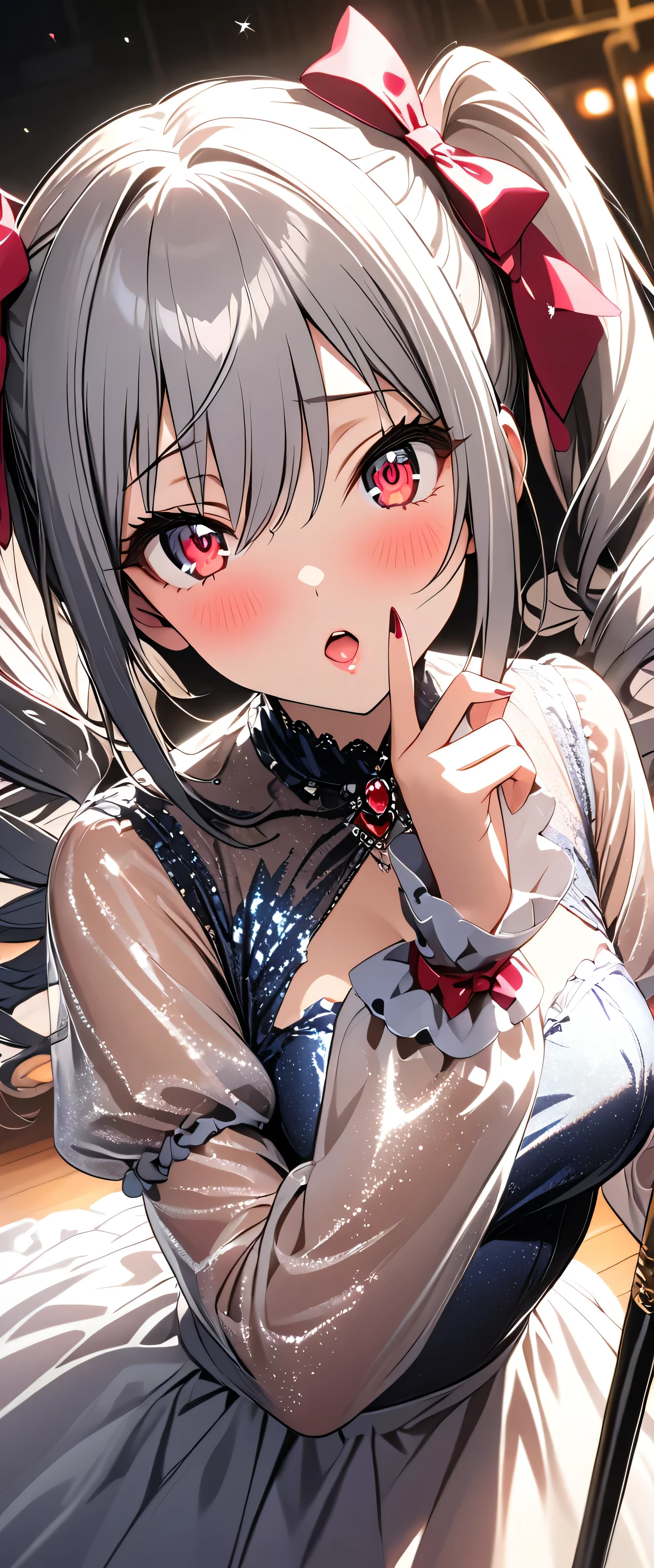 (beautiful girl:1.3),1girl,masterpiece,Ultra-high resolution, rich contrasts,Very high quality,8k,very detailed CG unit wallpaper,Texture,So ridiculous,RAW Photos,Highest quality anime,Depth of written boundary,ultra-detailed eyes,Glowing Skin,Glitter Effect,Beautiful glossy lips,knzkrnk , long hair, grey hair, sidelocks, twintails, drill hair, twin drills, bangs, hair between eyes, hair ornament, hair bow, red eyes, medium breasts,score_9, score_8_up, score_7_up, source_anime,(A cane with a rose tip),Theatre Stage,Tilt your head.blush,gothic ****ta,(Sing with your mouth wide open),(Rear View:2.0)