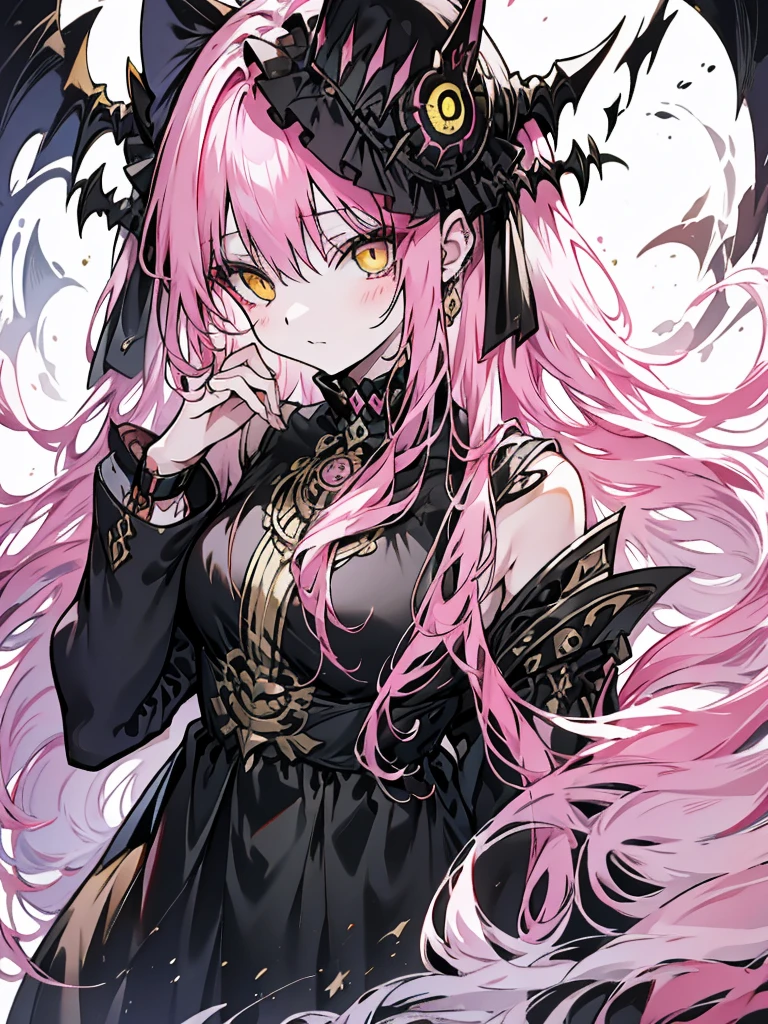  pink hair、Yellow Eyes、Long Hair、Determined Eyes 、 Dark Black Energy in the Palms