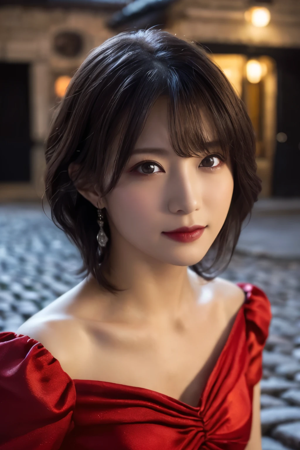  1 girl, ( She's wearing a red dress  :1.3), (Gothic Makeup),   Portrait of an adorable Japanese symphonic metal singer, (RAW Photo Best Quality), (Realistic, Realistic:1.4), (masterpiece), 
But delicate and beautiful,  very detailed, 2k wallpaper, wonderful, finely,   very detailed CG Unity 8K wallpaper,  very detailed, high res, Soft light, 
  Beautiful girl with detailed grooming,  very detailed目と顔, A beautiful and elegant nose,  beautiful beautiful eyes, Cinema Lighting, 
(A girl lies on her back on the cobblestones of a medieval city at night:1.3), (Dark screen:1.5),
(short hair), (Disheveled hair on the ground), ( indigo color scheme  ),
   Perfect Anatomy, Slender body, Small breasts