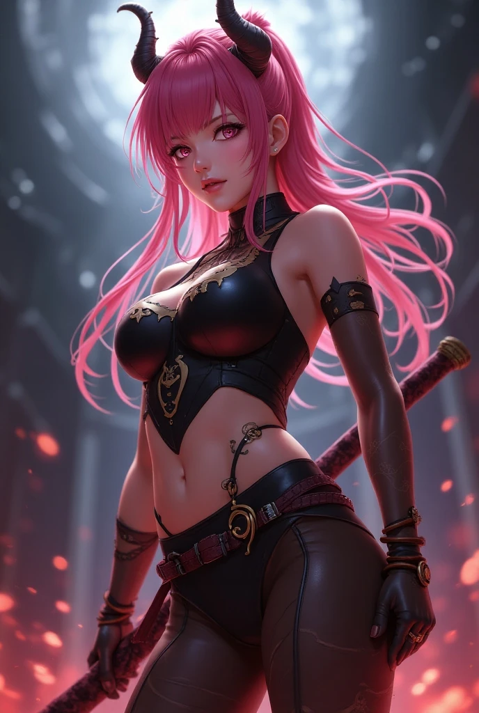 (((((a single woman))))), (((Rockeira))), (((lip piercing))), (((Large flare on lobes))), Roupa cyberpunk na cor preto e branco, Jaqueta de couro, (((Cabelo rosa no estilo emo girl))), medium breasts, pulseira com spikes, brass knuckles necklace, (((tatuagem na barriga escrito SENTIINEL cor vermelha)))), ((Torn pants)), ((((tattoos on arms and face))))