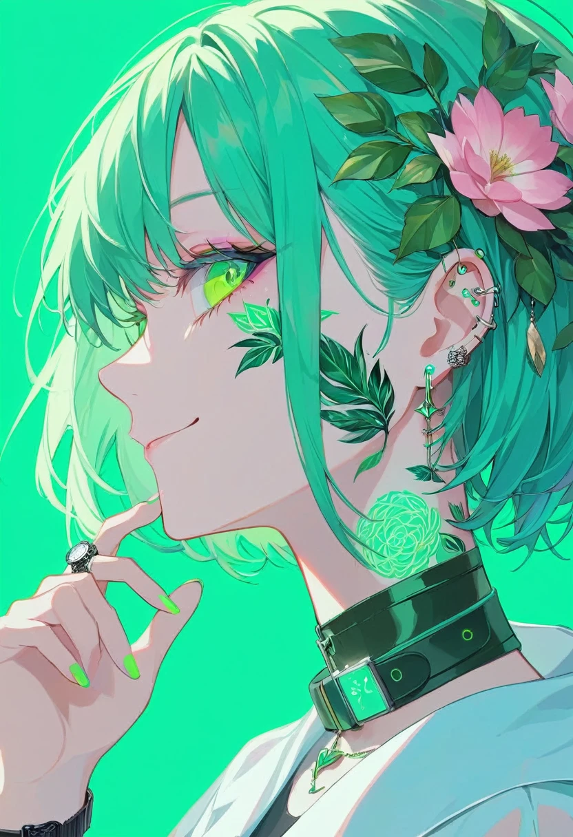  one woman smiling , female profile , face close-up ,Face tattoo,Leaf shape ,Eyes, digital tattoo , neon color ,Neon Green, green base green hair,Pastel colors, short hair, barrette masterpiece ,Best Quality,Exquisite,8k, absurd,Ultra-detailed illustrations,(Watch the audience)