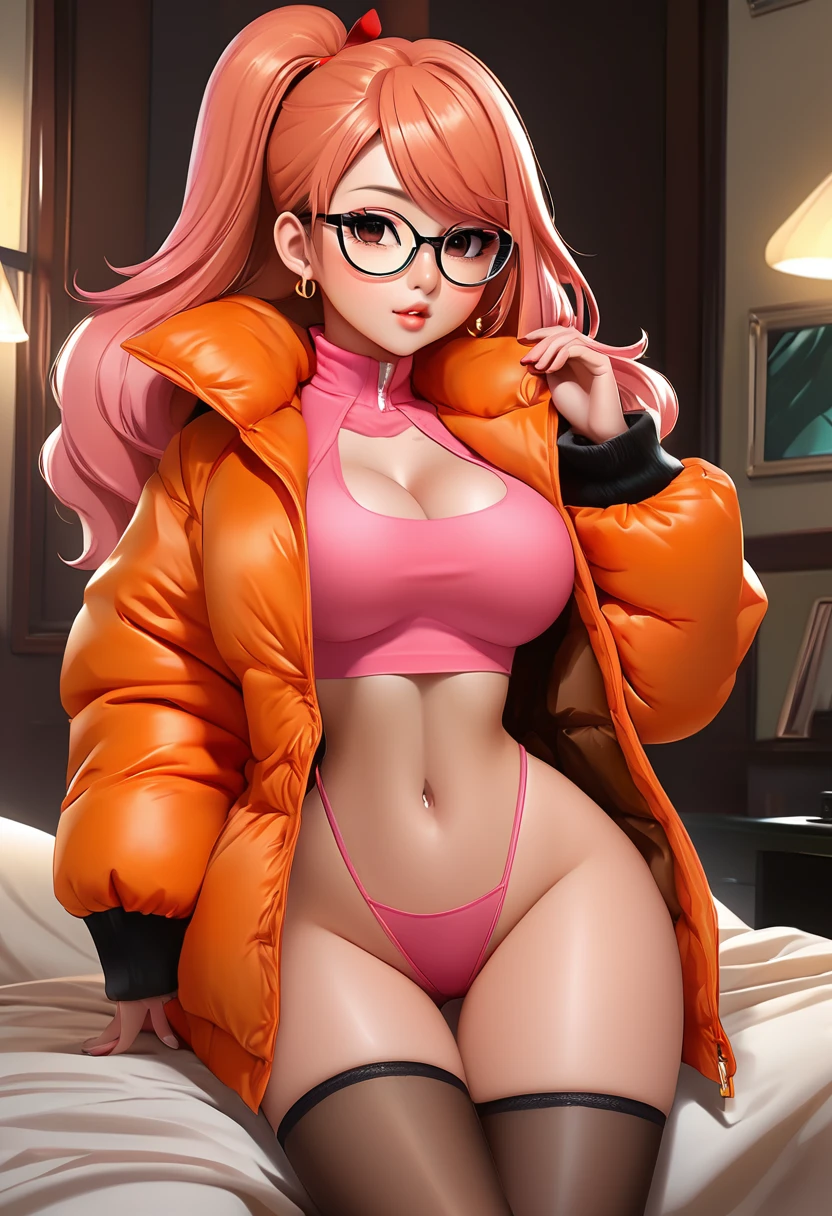 ahegao, masturbation, Very big and long Dildo in ass, nacked Pink Cropped fur puffer jacke, ANIME CARTOON, big boobs, high heels, Susan test, very long orange hair, vibrator on nipple, vibrator under clothes, 
vibrator in thighhighs, blowjob dildo, glasses