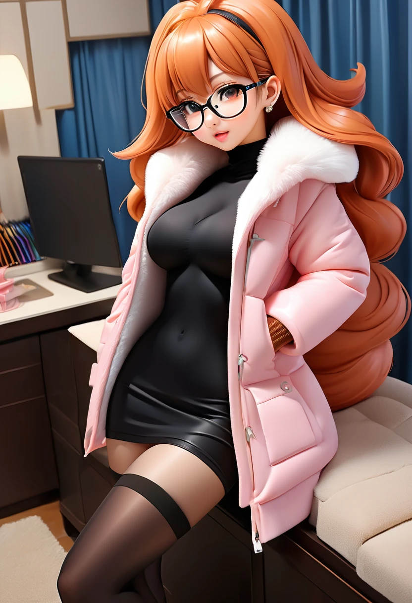 ahegao, masturbation, Very big and long Dildo in ass, nacked Pink Cropped fur puffer jacke, ANIME CARTOON, big boobs, high heels, Susan test, very long orange hair, vibrator on nipple, vibrator under clothes, 
vibrator in thighhighs, blowjob dildo, glasses