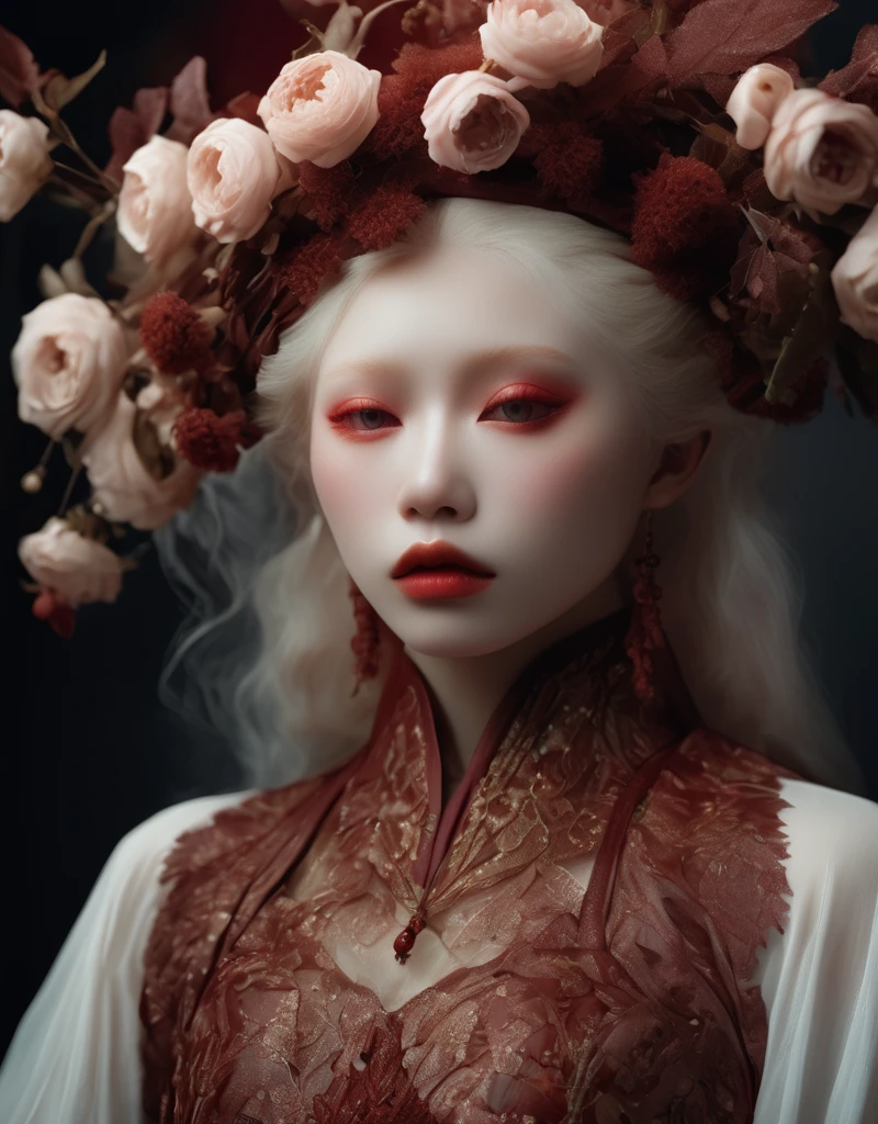  A commercial photographic portrait of a Instagram model.,  The ethereal portraits ,  Japanese fashion girl from 2020 , Detailed skin texture,  girl, hyperrealistic photo, ,  Albinism and Heterochromy by Bella Kotak , female portrait en sesiones de estudio,  Albina Albina , female portrait,  tearing shot ,  intricate fantasy dress ,  taken by professional studio lighting ,  150 mm objective ,  PhaseOne ,  digital backup s, median format, ,  150 mm portrait , photograph,  photo taken with a HasOne H4D H4D , tomado con  PhaseOne  IQ180,  IQ160 ,  IQ140 ,  P65 +, P45 +, " digital backup ", extremely detailed,  Leaf Aptus , perfect skin, Detailed skin, hyperreality,  perfect face, ( Ox Blood :1.6) Hair, ( Ox Blood :1.6) bottom,  dressed head completely covered with  ( Ox Blood :1.6) flores, ( Ox Blood :1.6)  Cololter ,