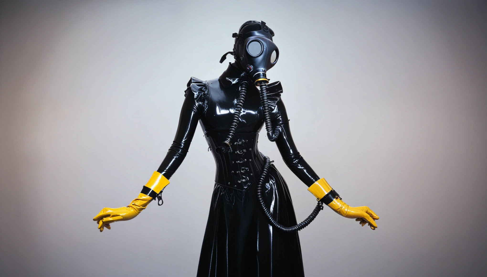 8k. One latex maid.. Very thin maid. A very thin waist. The gas mask, is a very thin Model 4. Black latex suit, black corset, latex gloves, Long white apron with frills, lattex hijab, Yellow Household Gloves with wide cuffs. He stands tall. An sexy pose. Background A wet street, a night metropolis with neon lights..