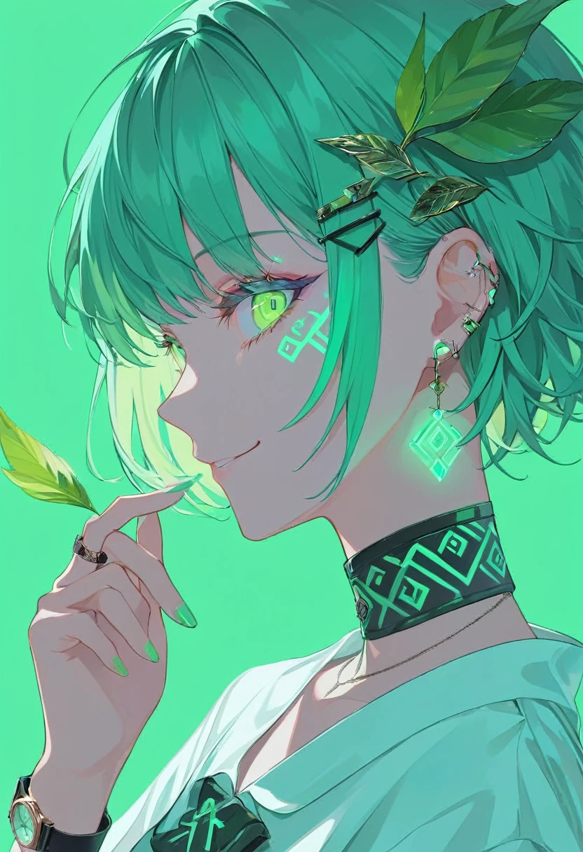  one woman smiling , female profile , Face Closeup ,Face tattoo,Leaf shape ,Eyes, digital tattoo ,Glowing Runes, neon color ,Neon Green, green base green hair,Pastel colors, short hair, barrette masterpiece ,Best Quality,Exquisite,8k, absurd,Ultra-detailed illustrations,(Watch the audience)