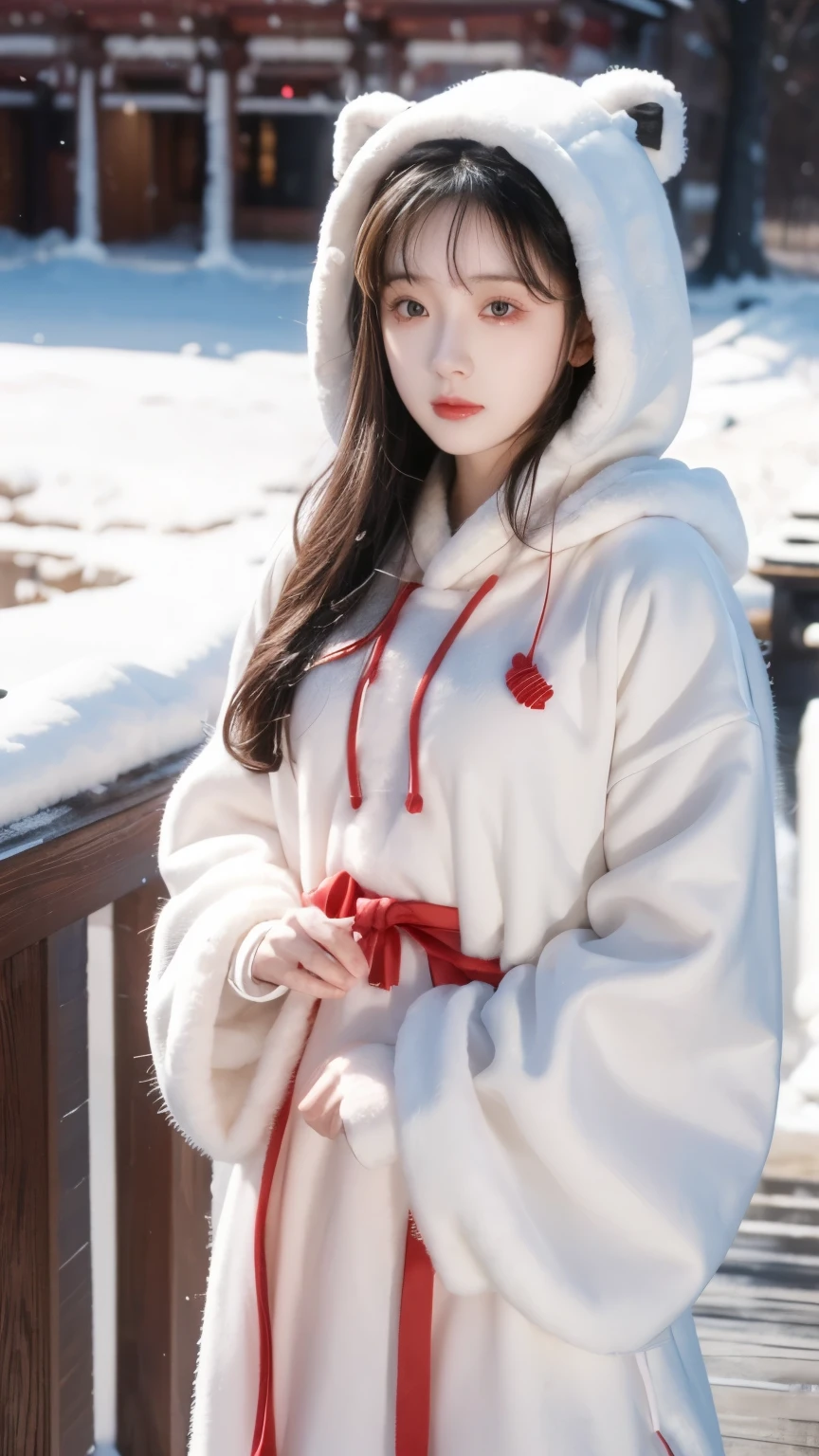 winter, landscape, snow, Cold, Tremor, breathe, Outdoor,   1 girl at home,  alone,  Mira Maxwell,  high res , Ridiculous,Fuzzy Hood Hanfu ，The fleece hood is behind