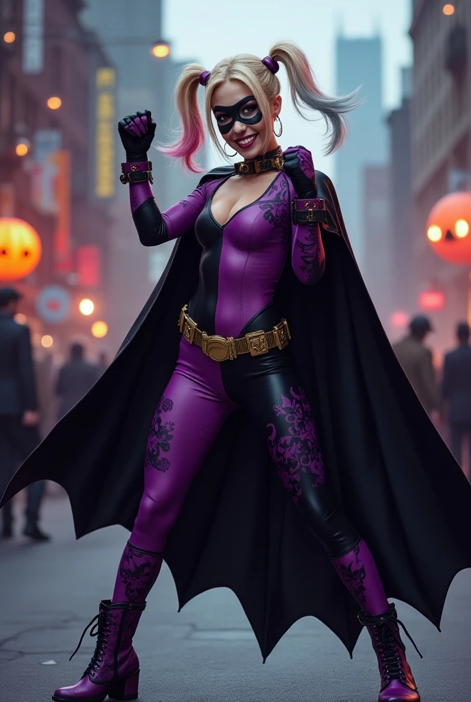 Scene from the movie, Woman dressed as Joker from DC, extremely detailed, futuristic cityscape, nighttime, glowing neon lights, smoke, sparks, metal shavings, flying debris, blue energy effects, volumetric light