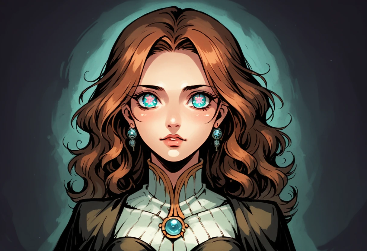 A detailed anime-style artwork of a woman inspired by 90s anime aesthetics. She has dark, thick, medium-length wavy hair, styled loosely with a glossy finish typical of the era. Her large, expressive almond-shaped eyes are brown with distinct 90s-style shiny reflections, and she has strong, well-defined eyebrows. Her nose is medium-sized, well-proportioned, and matches her oval-shaped face, with subtle, soft shading. Her lips are full, slightly glossy, with the lower lip more pronounced. Her facial features are balanced with high cheekbones. She wears a confident expression, with an elegant, yet powerful vibe, similar to strong female protagonists of the 90s anime period. The artwork features soft lines, vibrant colors, and nostalgic shading styles, typical of classic anime from the 90s.