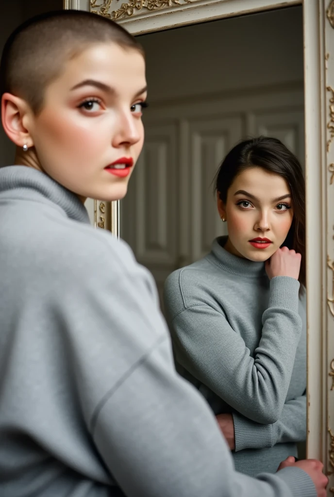 a beautiful bald girl whose head is clean shaven, crimson red lipstick wearing a sweatshirt, and is looking in a mirror. (Her reflection is of a different girl, in the mirror is an (emo girl) wearing eyeliner, red lipstick, who has brown hair with bangs.) 