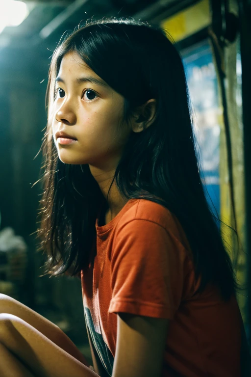 Dark Room, Crying, Crying, Sad face, , Tragic, Ultra HD、32k、Masterpiece、A kindergarten girl、 clavicle, RAW Photo、A girl with big eyes wearing light yellow clothes、Long face, Professional Lighting、Japanese anime style, Crying out loud with mouth open