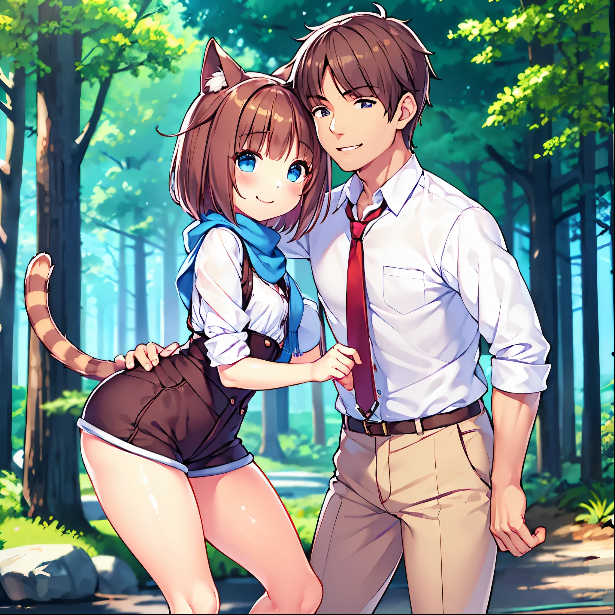  best quality、8k、Ultra-precision imaging 、One Girl、1 male with brown skin、blue eyes、Brown Hair、Cat ears and tail、Small breasts、white shirt with brown suspenders、Blue scarf、 denim hot pants、 white sneakers 、Bright Forest、smile、A man strokes a girl's head