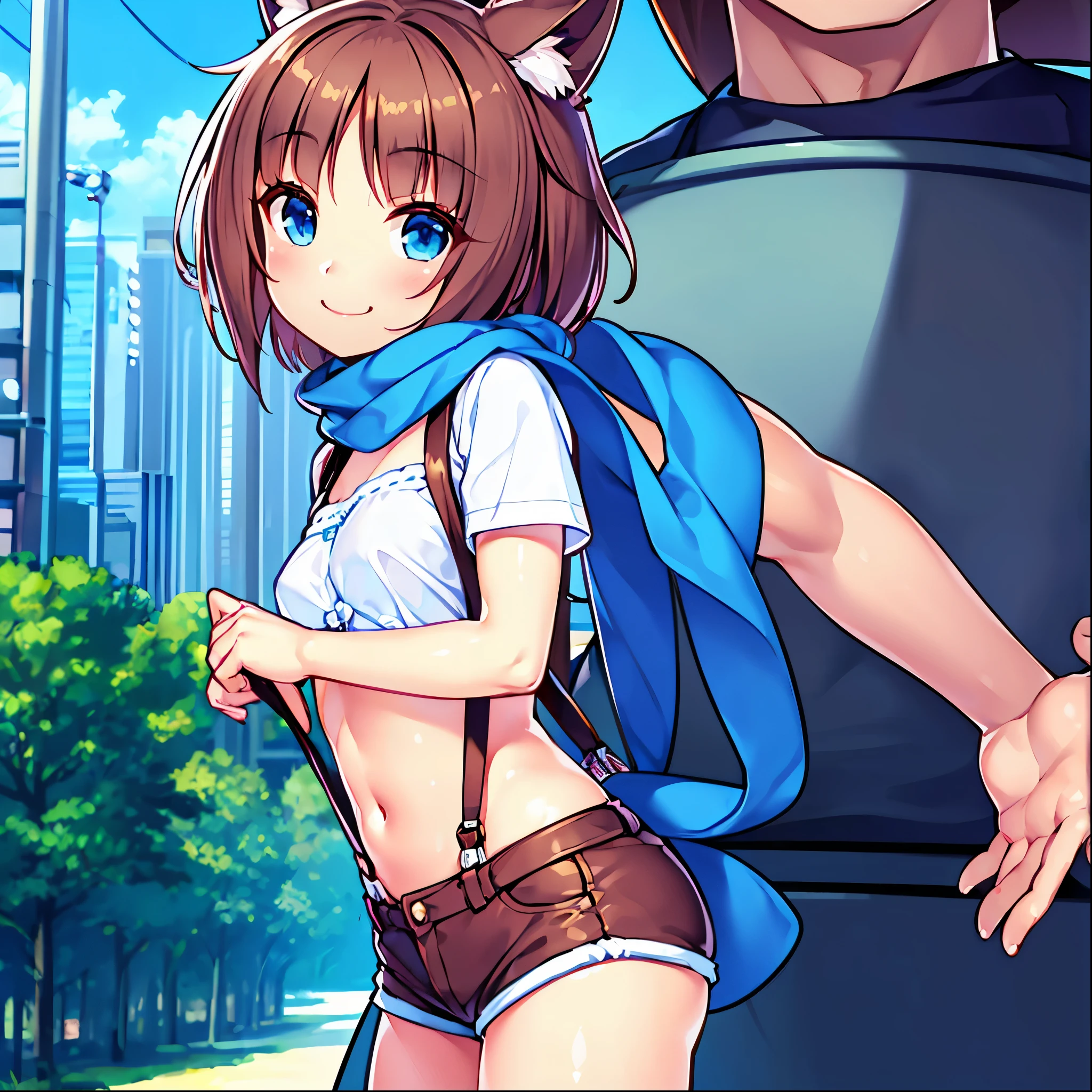  best quality、8k、Ultra-precision imaging 、One Girl、1 male with brown skin、blue eyes、Brown Hair、Cat ears and tail、Small breasts、white shirt with brown suspenders、Blue scarf、 denim hot pants、 white sneakers 、Bright Forest、smile、A man strokes a girl's head