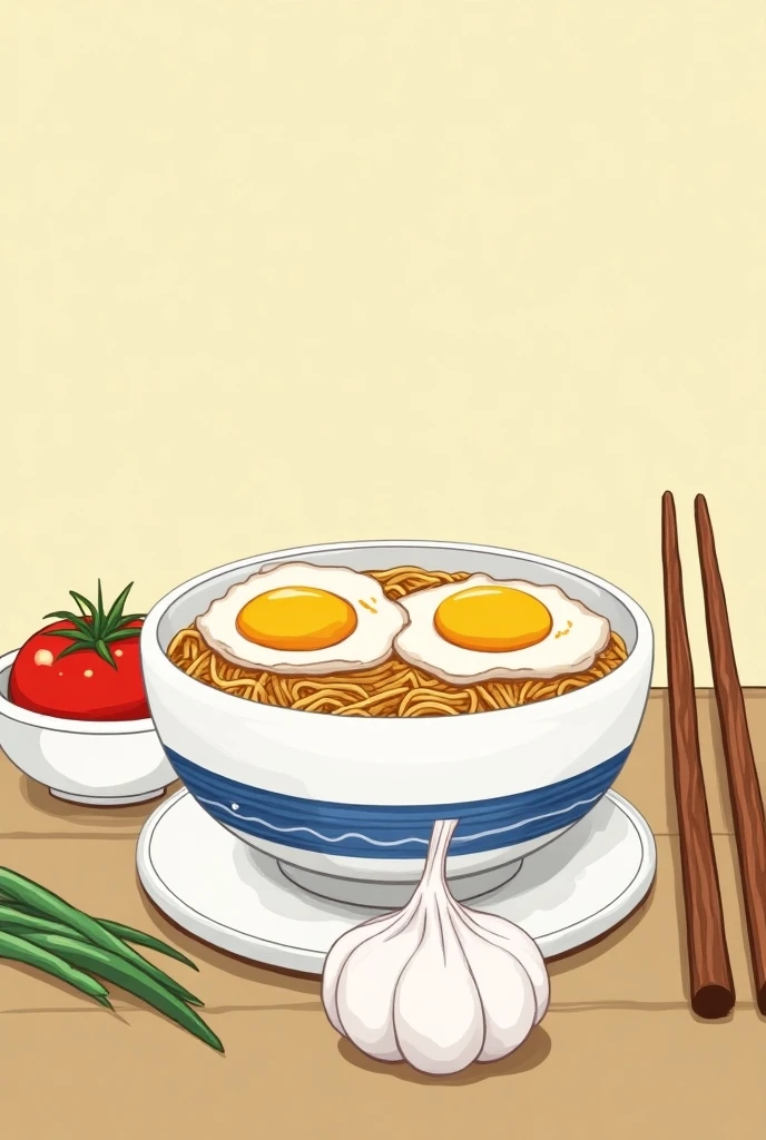 A cartoon drawing of a bowl of ramen noodles with two eggs on top of it. The bowl is white with a blue stripe around the edge. There are two chopsticks on the right side of the bowl. There is a white bowl on the left side with a red tomato on it. A white garlic is on the table next to the bowl with a green leafy vegetable in it.,