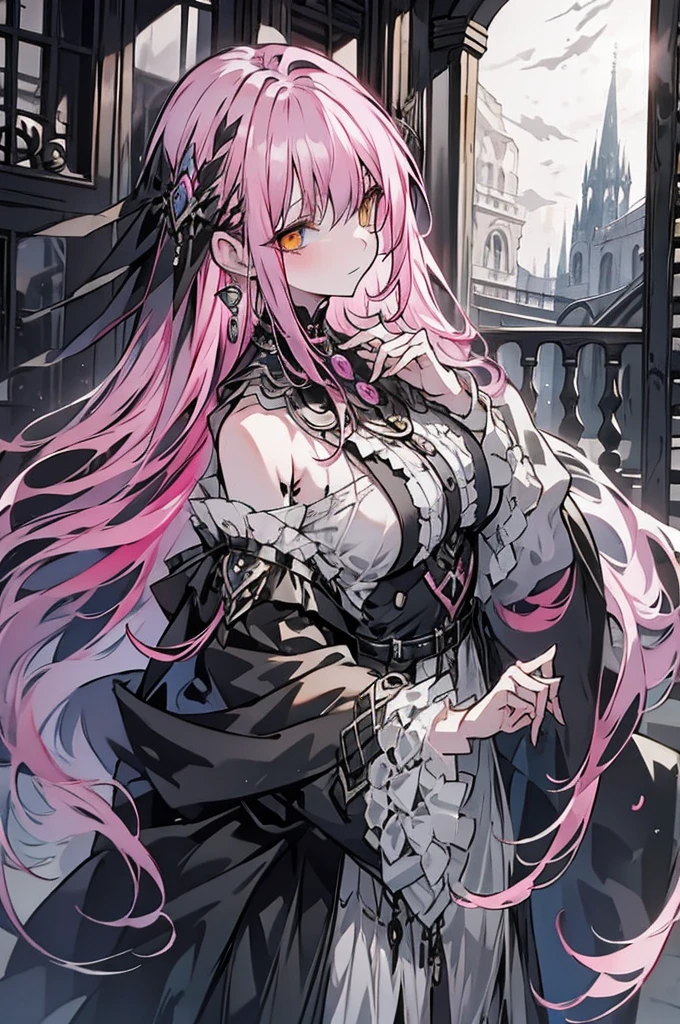  pink hair、Yellow Eyes、Long Hair、Determined Eyes 、 Dark Black Energy in the Palms、 stylish and dark attire、Castle veranda 