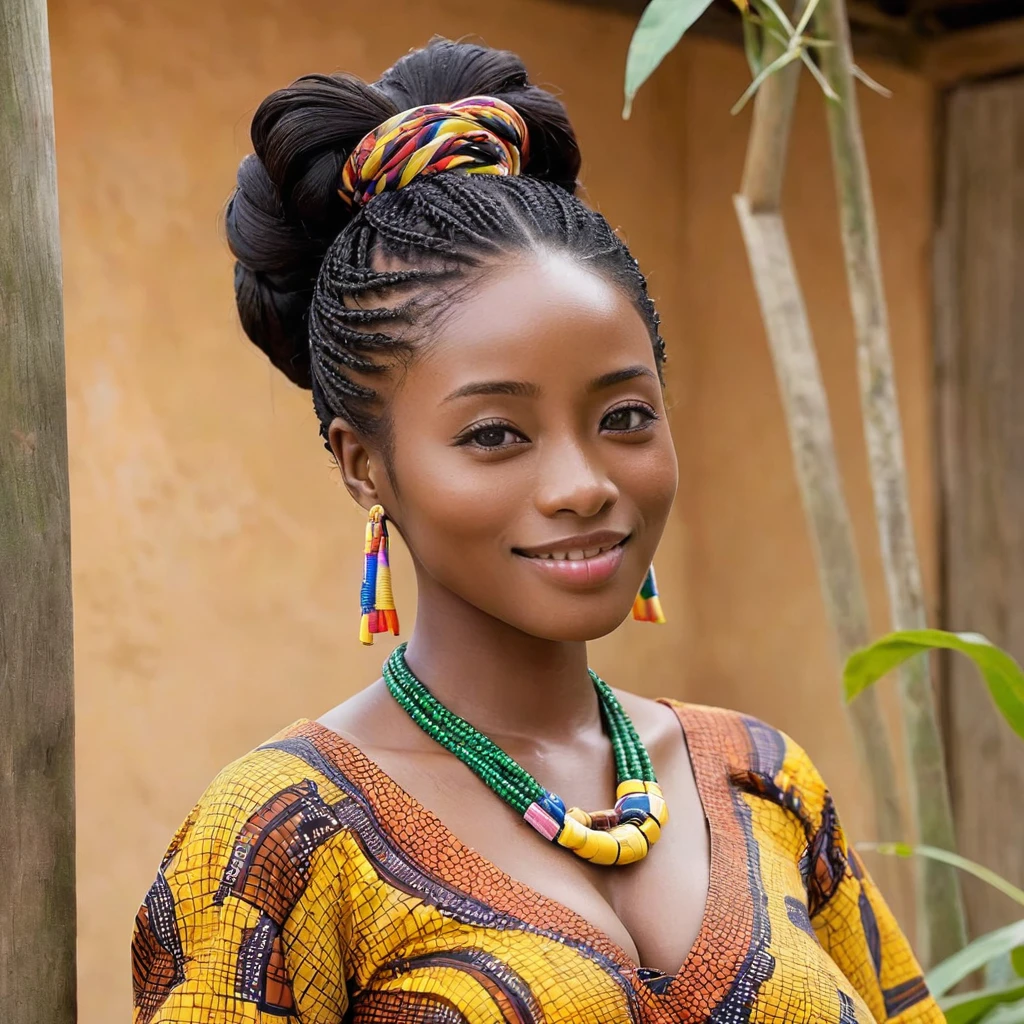 The pregnant woman has dark brown skin, Ishihara Satomi, a Ghanaian woman raising ren with women in a Ghanaian village、((Best Quality)), ((masterpiece)), (detailed), （ perfect face）, The dark-brown-skinned woman is Ishihara Satomi, a Ghanaian with excellent proportions and big breasts, and is completely finished as a Ghanaian woman in a Ghanaian village with Ghanaian national costumes and accessories, and her hair is braided and tied、The woman is raising ren with Ghanaian village women 、A black woman with dark brown skin smiles gently 