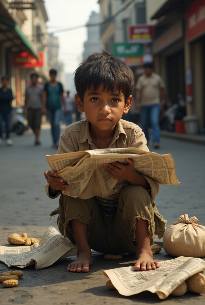 A poor boy  is sall newspaper and peanuts 