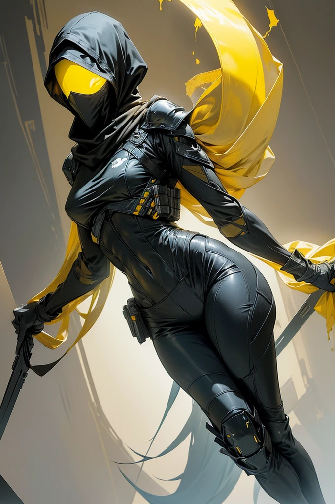 a painting of a very lean person against a dark shrouded wall, lanky, narrow shoulders, wearing stealthy military gear: dark camo skintight elastic pants, dark camo skintight long sleeve shirt, black leather gloves, golden yellow shawl + cowl, articulating mask with four glowing yellow lenses, light body armor with chest piece and leg pads. very stealthy, design like the Cloaker from Payday 3. flat shading, drawing outlines