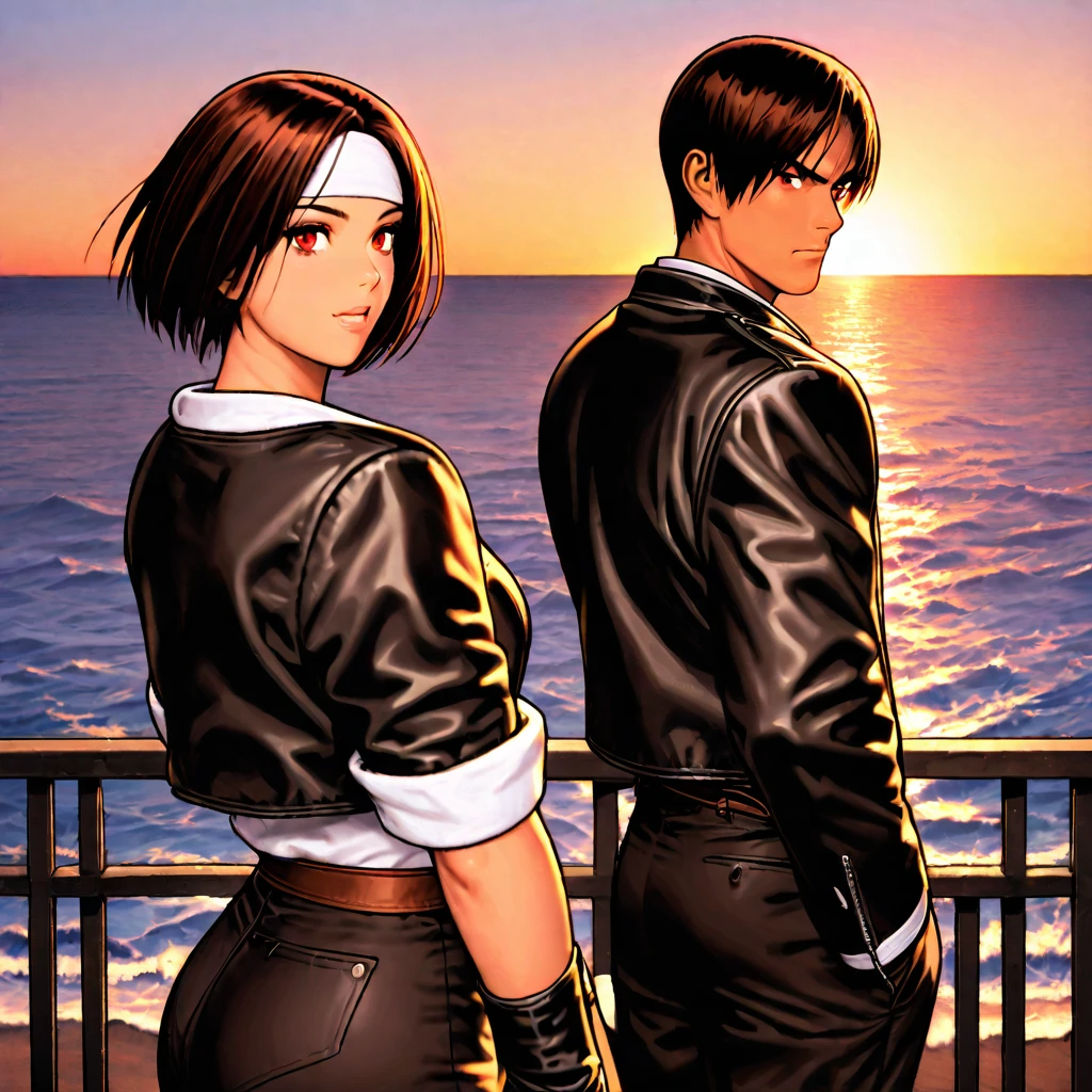 1 girl, bust, short hair, bangs, multiple girls, dark brown hair, shirt, black hair, red eyes, masterpiece, best quality, high res, 1 boy, 2 girls, red eyes, standing, collarbone, jacket, white shirt, ass, short sleeves, cowboy shot, outdoors, open lips, black gloves, (black jacket with rolled up arms), ( pants, dark skin, fingerless gloves, water, looking the other way, ((two women frolicking on their phones)), ((black jacket with rolled up arms)), bangs, ((white headband)), ((one man looking at the ocean)), black pants, bob cut, t-shirt, brown belt, sunset, ((black pants)) railing, white shoes, leather jacket, white headband