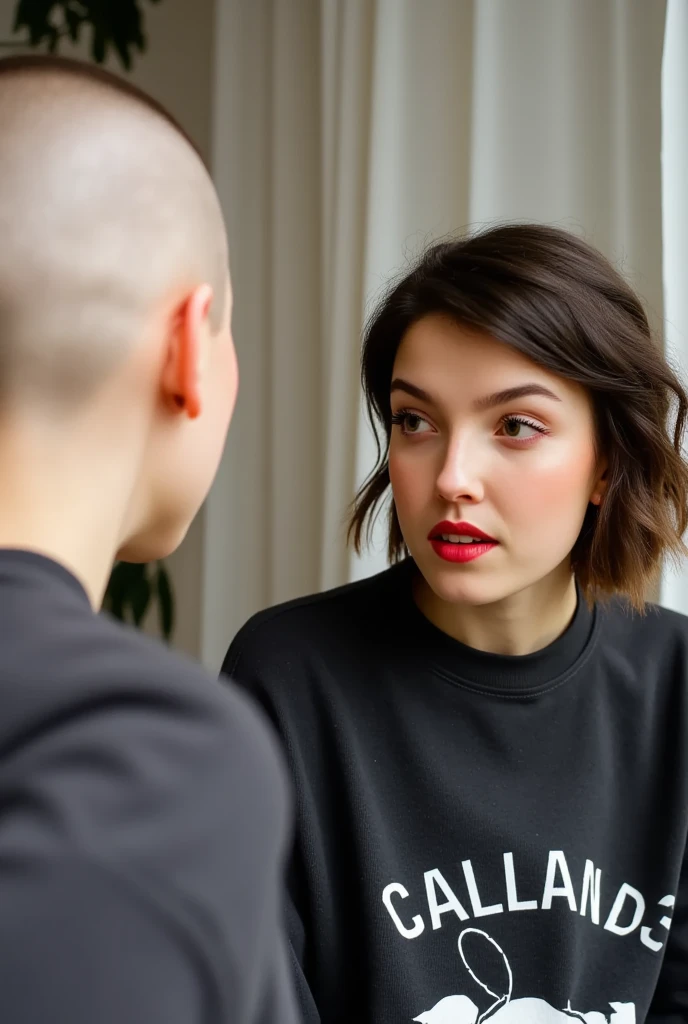 a beautiful bald girl whose head is clean shaven, crimson red lipstick wearing a sweatshirt, and is looking in a mirror at another girl. (Her reflection is of a different girl who is looking at her, in the mirror is an (emo girl) wearing eyeliner, red lipstick, who has brown hair with bangs.) 