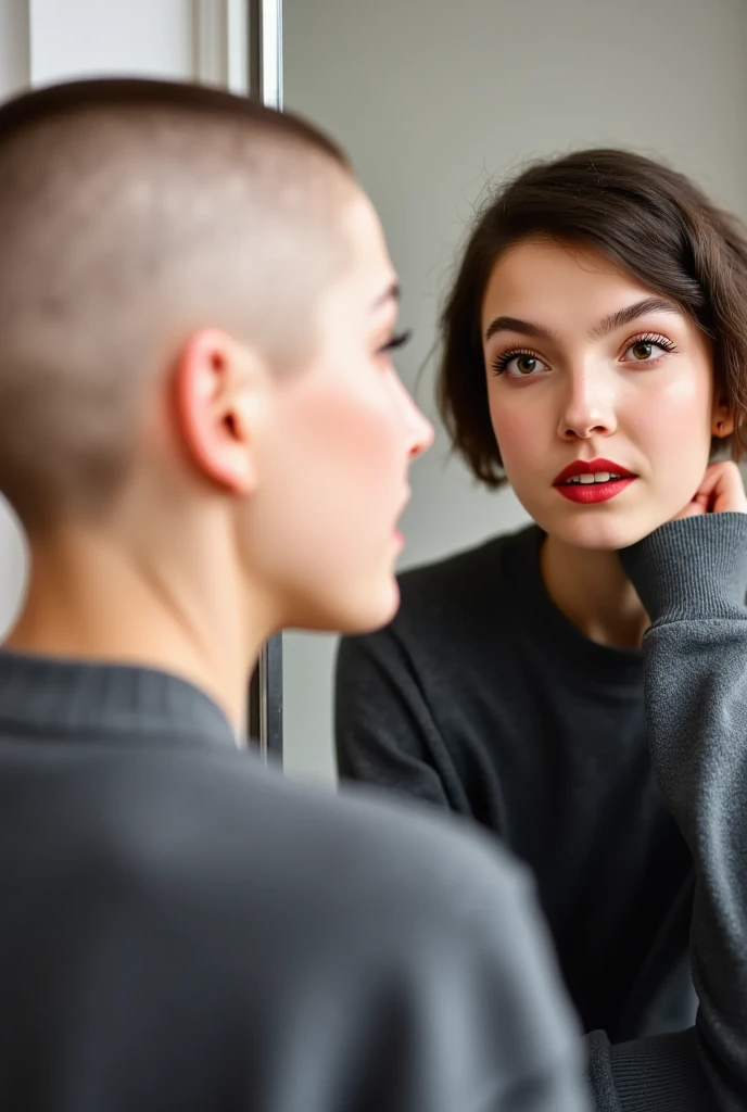 a beautiful bald girl whose head is clean shaven, crimson red lipstick wearing a sweatshirt, and is looking in a mirror at another girl. (Her reflection is of a different girl who is looking at her, in the mirror is an (emo girl) wearing eyeliner, red lipstick, who has brown hair with bangs.) 