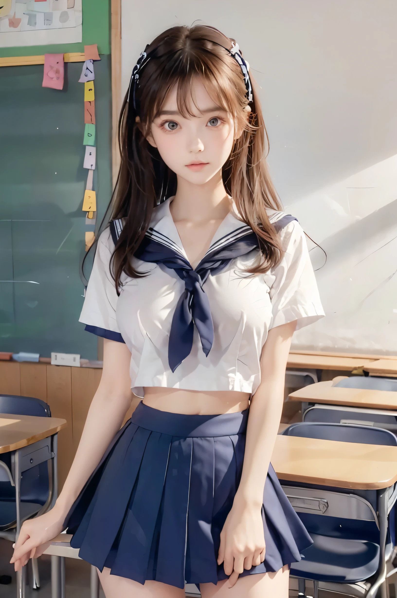 ( super high image quality ), ( looking over here), (Short-sleeved sailor uniform,  navy blue mini skirt), Big Breasts, Super beautiful breasts, Slender, (Thin legs:1.2), (Thin thighs:1.2), (Thin Hips:1.4), (Beautiful Skin,  shiny skin ,  white skin), (Super slim face, Super beautiful face, No makeup, Smile:0.6), (Light Brown Hair,  semi-long, Layered Cut, Fluffy hair), (Big eyes:1.3, High corners of the eyes:1.6, double eyelid), (Thin eyebrows:0.1), (Small Nose:0.6), (Thin lips:0.6), Beautiful Hands, Empty-handed,  standing, School classroom