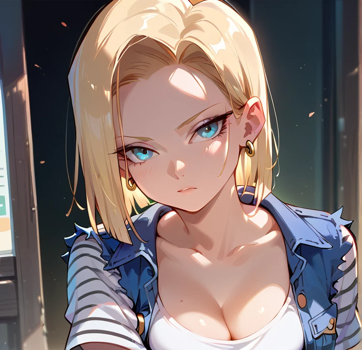  pink shorthair girl  (Like Android 18 #  Haruno Sakura from Dragon Ball and Haruno Sakura from Naruto)  has a happy face , Large Breasts, ,  sexy pose ,((  wearing a transparent white tank top , skirt,  sweaty))