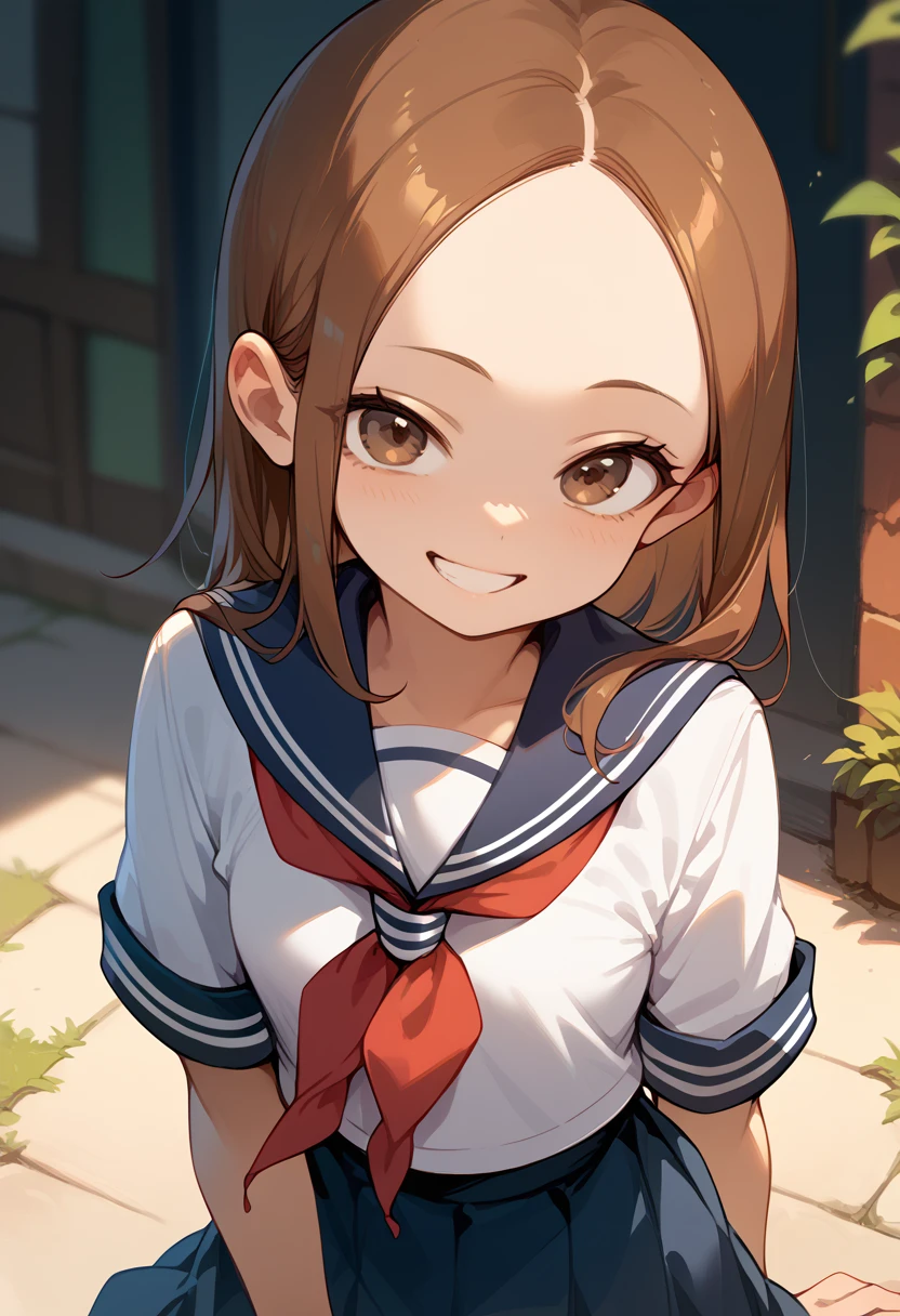 masterpiece, High Resolution ,Best Quality,8k
(MS. Takagi-san who is good at pranks,skinny,Small breasts)
(Brown Hair, semi-long, Center Part,Wide forehead, big brown eyes )
 mischievous smile
(Sailor suit)