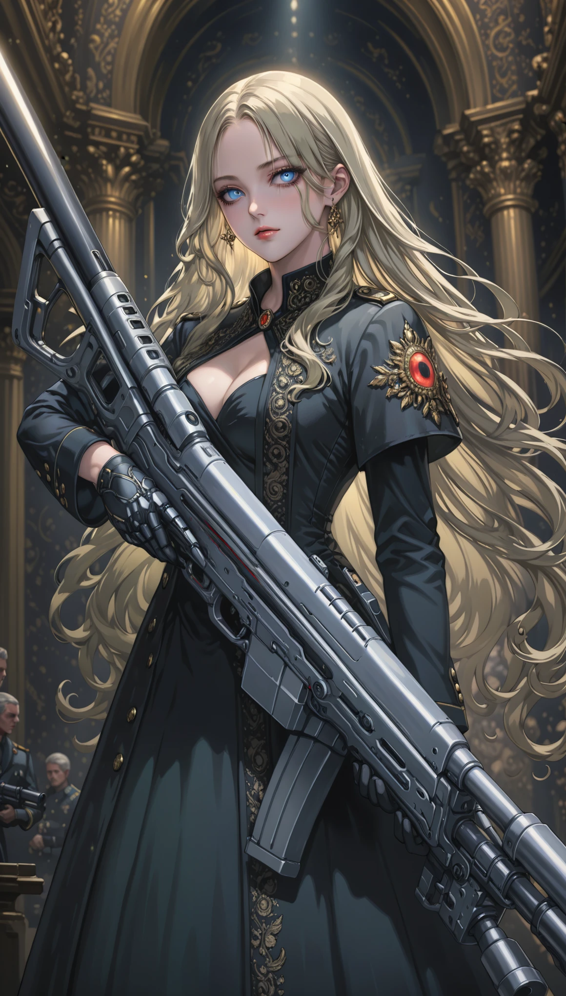 a tall woman in a black dress holding a long anti-materiel rifle, opera, (third eye:0.8), black dress, open jacket, gloves, military uniform, platinum blonde hair, long hair, 8k, intricate detail, cinematic lighting, amazing quality, amazing shading, detailed Illustration, wallpaper, official art, extremely detailed eyes and face, beautiful detailed eyes, ((masterpiece, best quality)), from side, full body, navel