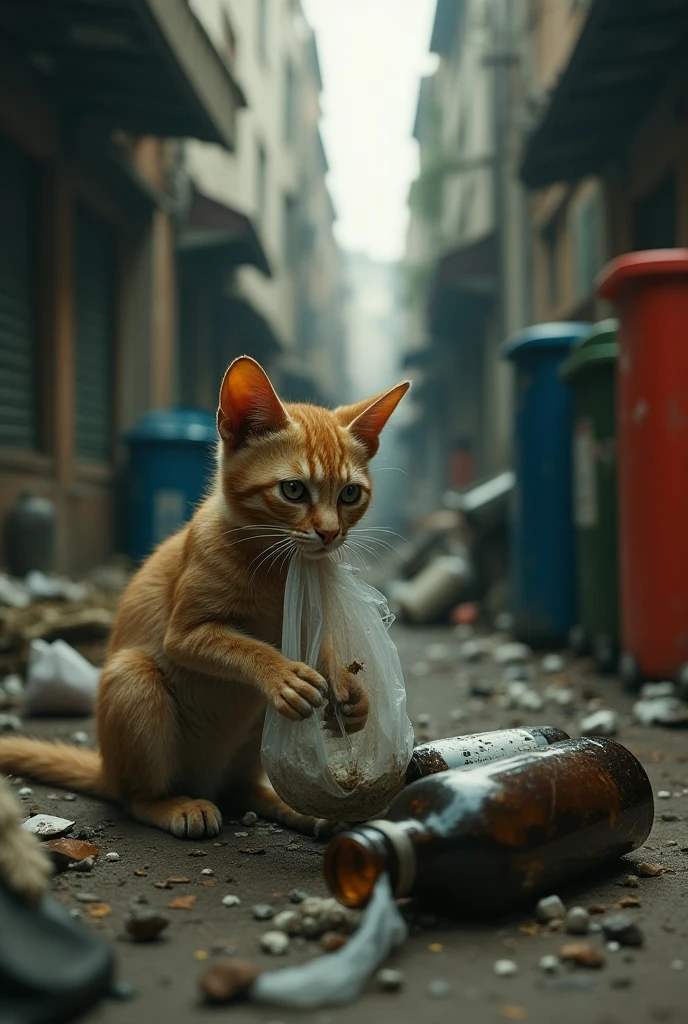 A anime poor yellow cat in the street searching for food in the Dustbin