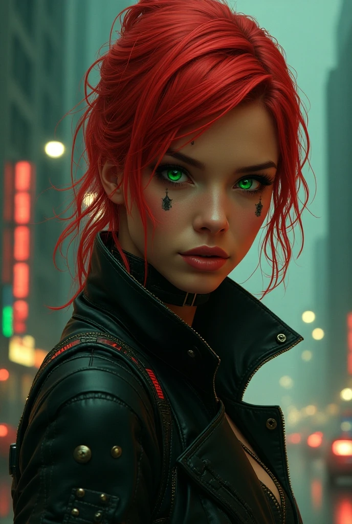 there is a woman with red hair and a black and red outfit, hyper-realistic cyberpunk style, ultrarealistic 8k, hyperrealistic, woman, cyberpunk 2 0 y. o model girl, cyberpunk angry gorgeous goddess, beautiful cyberpunk woman model, in cyber punk 2077, [foggy cityscape in the distance : very pretty girl, city:0.33] immersed in a giant flow of wind, living in a thunder cloud, behind the cloud, (double exposure:1.3), photo by Brandon Woelfelmist, surreal dream, gray atmosphere, rainy day, dynamic, lut, hdr