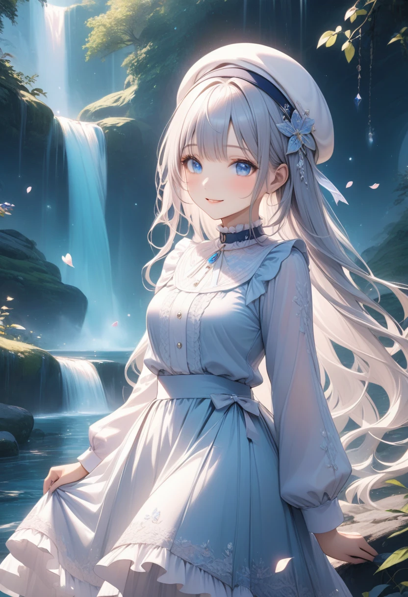 (masterpiece:1.2),(4K),high quality, super high definition,( Perfect Anatomy),( 1 girl), very detailed faces ,Silver long hair, Beautiful Delicate Blue Eyes , has a smiling face, Browse Viewers,Long Sleeve Petal Collar Blouse , White Newsboy Cap ,Tiered skirt,Unfairly Beautiful,Dreamy and romantic,Fantastic and dreamy theme, Mysterious Atmosphere , Enchanting Dreams , Stunning Scenery ,  scene that creates a dreamy ethereal atmosphere,Near the waterfall