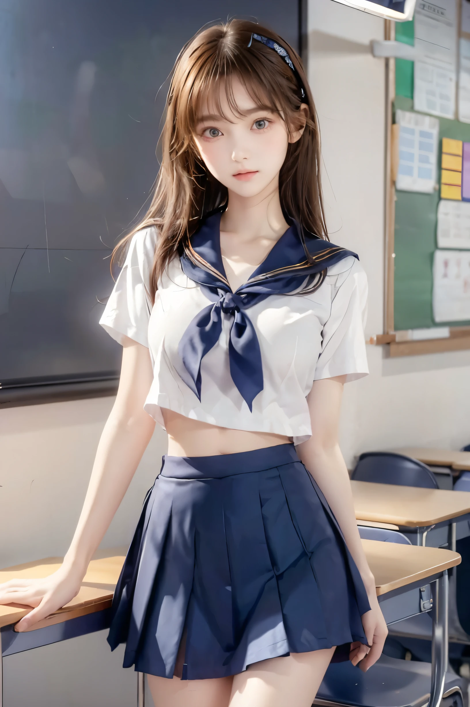 ( super high image quality ), ( looking over here), (Short-sleeved sailor uniform,  navy blue mini skirt), Big Breasts, Super beautiful breasts, Slender, (Thin legs:1.2), (Thin thighs:1.2), (Thin Hips:1.4), (Beautiful Skin,  shiny skin ,  white skin), (Super slim face, Super beautiful face, No makeup, Smile:0.6), (Light Brown Hair,  semi-long, Layered Cut, Fluffy hair), (Big eyes:1.3, High corners of the eyes:1.6, double eyelid), (Thin eyebrows:0.1), (Small Nose:0.6), (Thin lips:0.6), Beautiful Hands, Empty-handed,  standing, School classroom