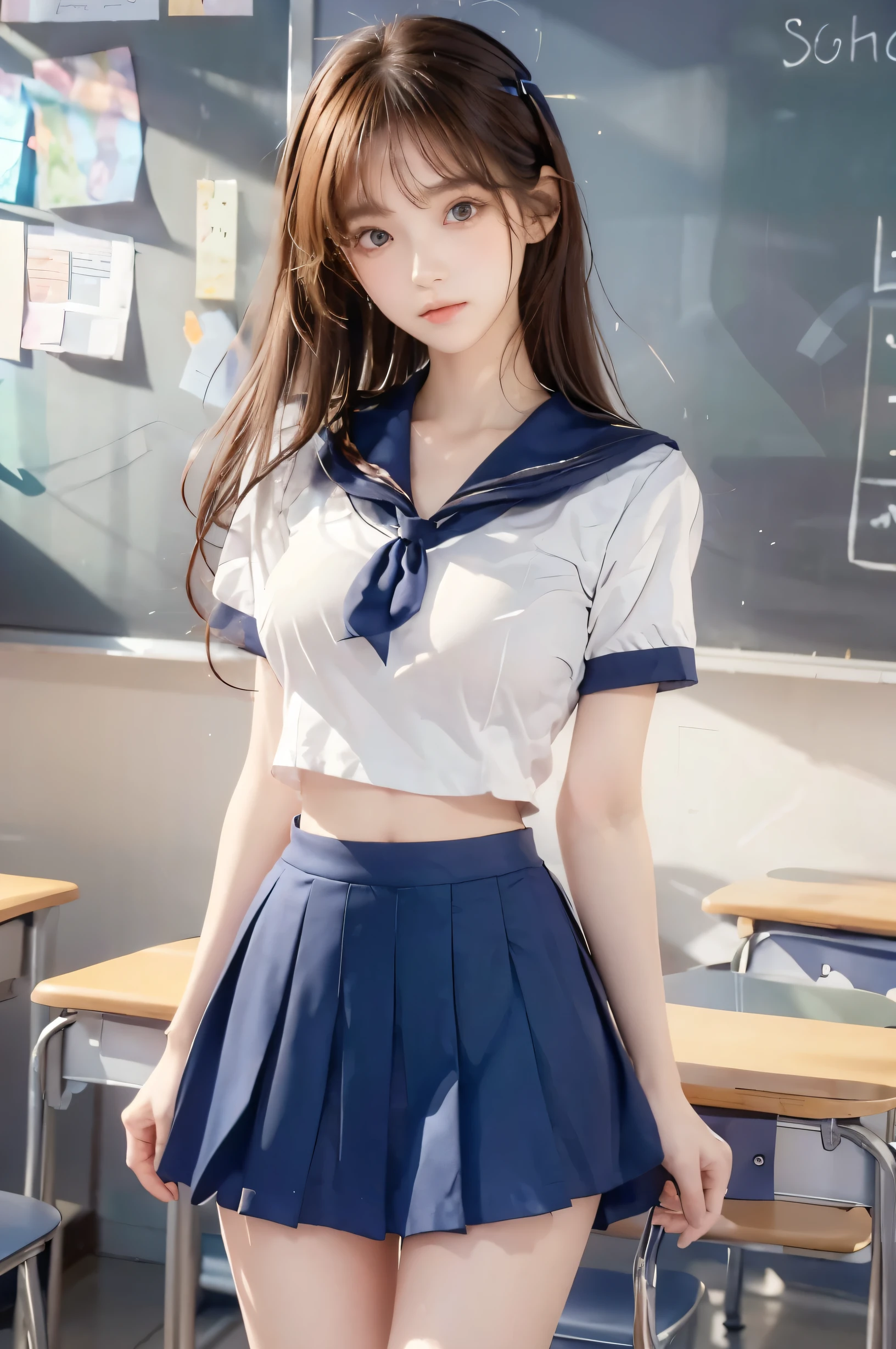 ( super high image quality ), ( looking over here), (Short-sleeved sailor uniform,  navy blue mini skirt), Big Breasts, Super beautiful breasts, Slender, (Thin legs:1.2), (Thin thighs:1.2), (Thin Hips:1.4), (Beautiful Skin,  shiny skin ,  white skin), (Super slim face, Super beautiful face, No makeup, Smile:0.6), (Light Brown Hair,  semi-long, Layered Cut, Fluffy hair), (Big eyes:1.3, High corners of the eyes:1.6, double eyelid), (Thin eyebrows:0.1), (Small Nose:0.6), (Thin lips:0.6), Beautiful Hands, Empty-handed,  standing, School classroom