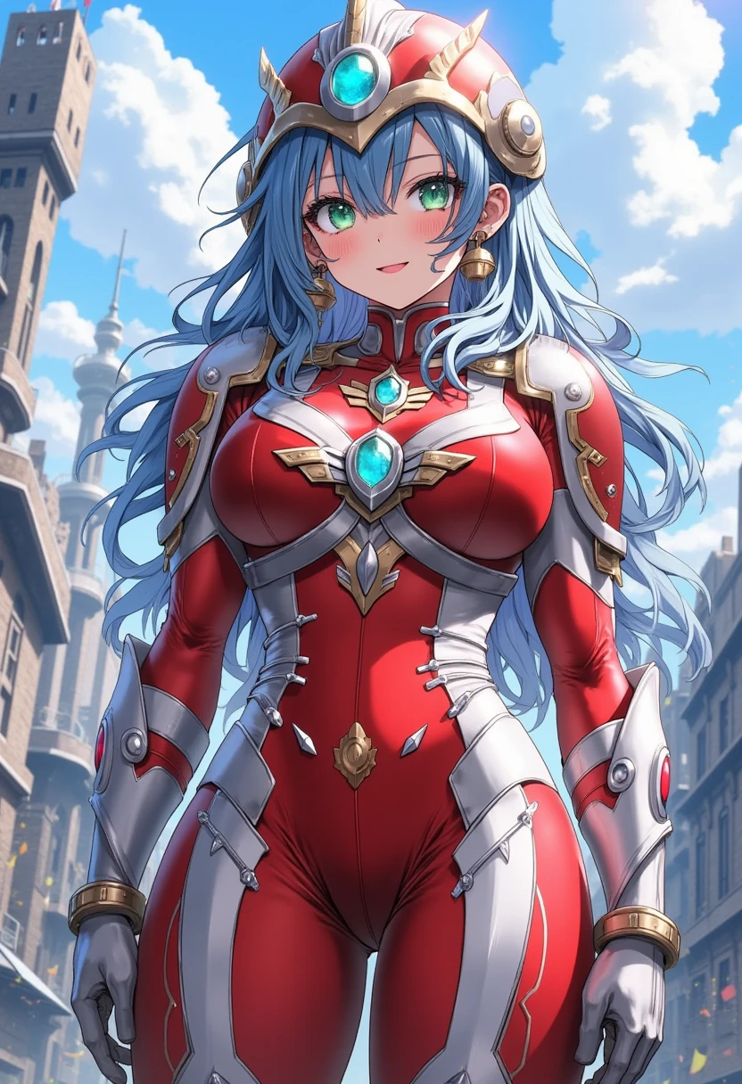 Full body image, standing, Princess Zelda giant, (red with silver costume:1.5), as Ultraman, immensely large breasts1, very tight body suit, heavy makeup on her face, light blue jewel on the breastplate, helmet on head, red lipstick on her mouth, (she green eyes:1.5, blue hair:1.5), Looking at the viewer from the front, she is in a futuristic city with several monsters attacking the buildings, Tokusatsu, Ultraman, anime style, cinematic lighting, 16k, UHD, masterpiece, best quality, high details