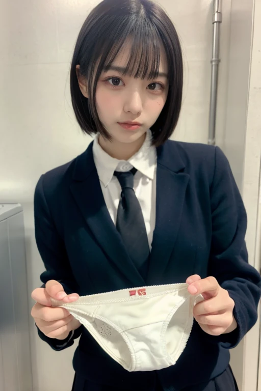 (masterpiece:1.2), Japanese, (((18 years old))), (a girl), (opened mouth wide), (skirt), ((small ribbon)), (((legs spread wide))), ((mouth mask)), on a bed, (((panty))), ((collared shirt)), short hair, plump, bellybutton, 