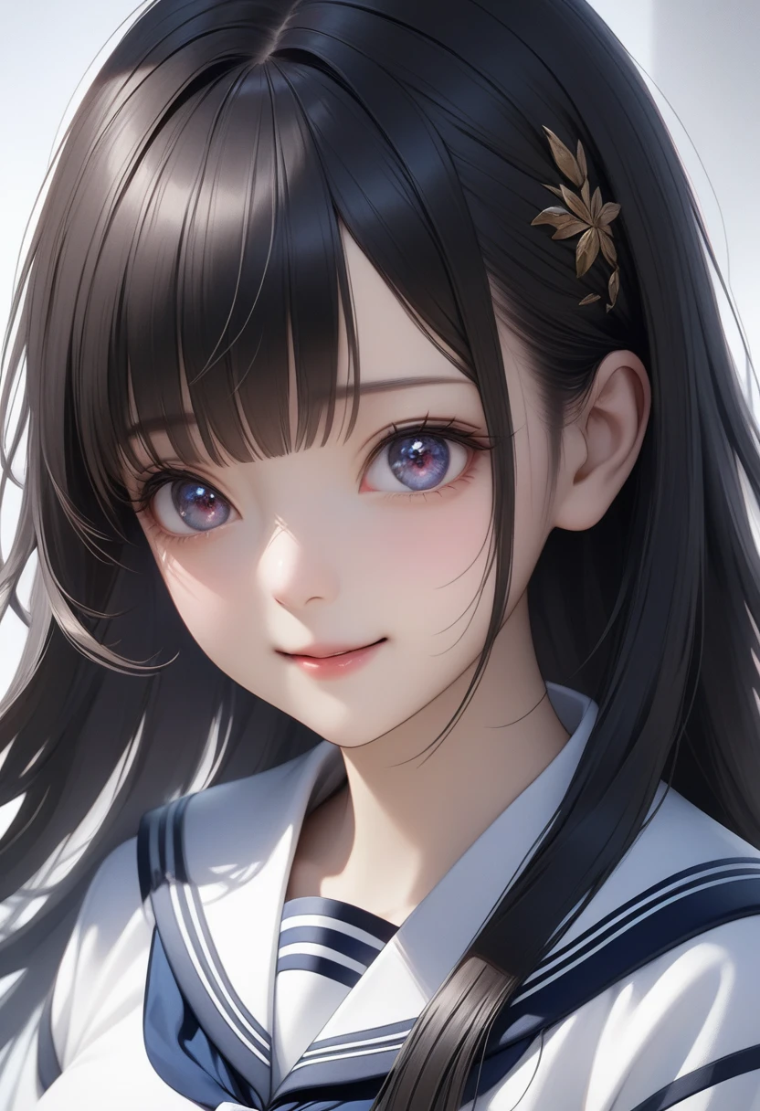  1 girl,( highly detailed skin )、Highest quality,Surreal Portraits,(8k), super real,最high quality, high quality,  High Resolution , high quality texture,high detail,beautiful,Get used to it,Detailed CG,Get used to itテクスチャー,Realistic facial expressions,masterpiece,Presence,dynamic,),Long Hair,(Ultra Fine Hair),(Super soft hair),(Super straight hair:1.5),流した長いbangs, hair above one eye. Black Hair 、bangs、Positive、 Stares at Viewers 、Two-dimensional beautiful girl、 Black Hair 、Long Hair、bangs、Smile of the Goddess、 cute smile 、Two-dimensional beautiful girl、I、Wearing a sailor suit、Big Breasts