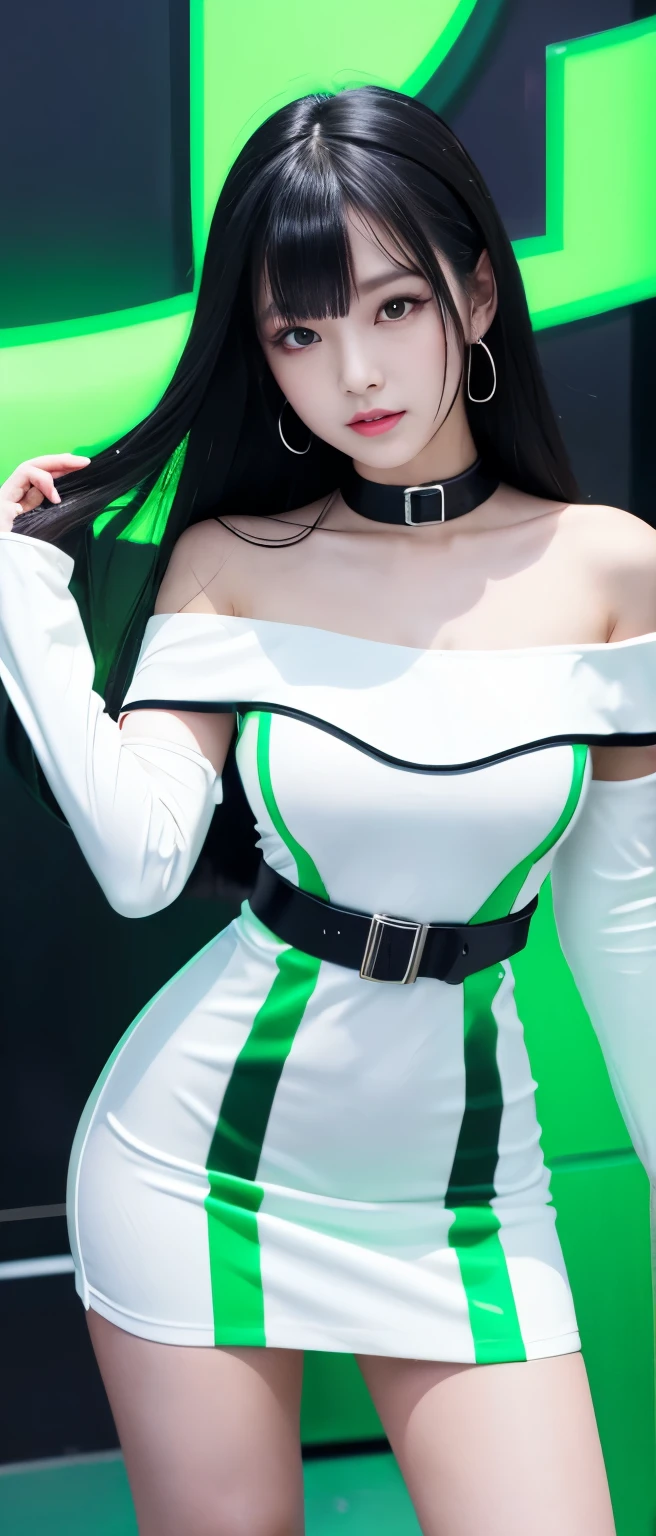 Beautiful Black Haired Cyber Idol Girl、whole body、 Good style、、、、、、、、、、Thick legs、、 Off Shoulder Cyber Tight Dress ( White and Fluorescent Green )、、Bit Belt 、A pure girl's face、