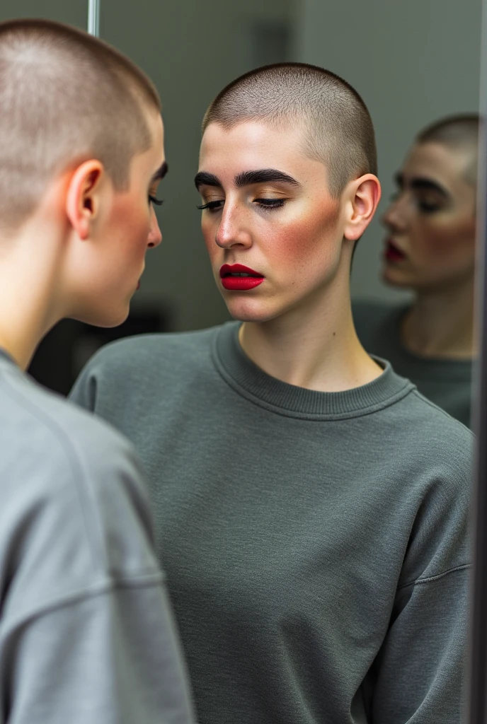 a beautiful bald girl whose head is clean shaven, crimson red lipstick wearing a sweatshirt, and is looking in a mirror at another girl. (Her reflection is of a different girl who is looking at her, in the mirror is an (emo girl) wearing eyeliner, red lipstick, who has brown hair with bangs.) Both girls are in focus.