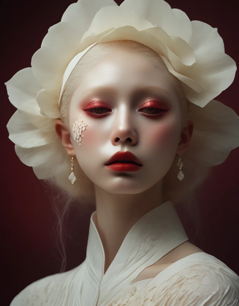  A commercial photographic portrait of a Instagram model.,  The ethereal portraits ,  Japanese fashion girl from 2020 , Detailed skin texture,  girl, hyperrealistic photo, ,  Albinism and Heterochromy by Bella Kotak , female portrait en sesiones de estudio,  Albina Albina , female portrait,  tearing shot ,  intricate fantasy dress ,  taken by professional studio lighting ,  150 mm objective ,  PhaseOne ,  digital backup s, median format, ,  150 mm portrait , photograph,  photo taken with a HasOne H4D H4D , tomado con  PhaseOne  IQ180,  IQ160 ,  IQ140 ,  P65 +, P45 +, " digital backup ", extremely detailed,  Leaf Aptus , perfect skin, Detailed skin, hyperreality,  perfect face, ( Ox Blood :1.6) Hair, ( Ox Blood :1.6) bottom,  dressed head completely covered with  ( Ox Blood :1.6) flores, ( Ox Blood :1.6)  Cololter ,