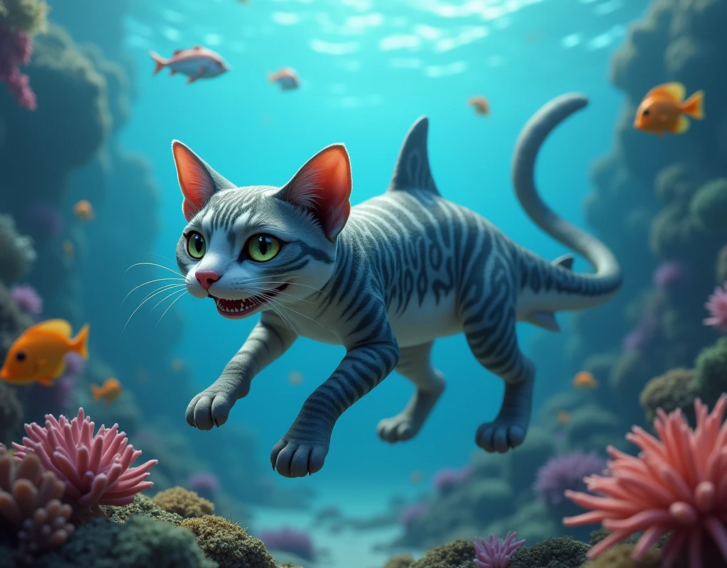 shark merge cat, create new animal, realistic image