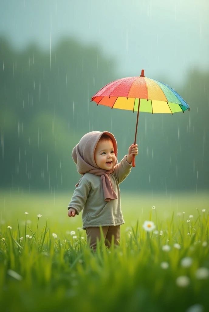 U is for Umbrella, keeping us dry:
"A colorful umbrella held by a child, shielding them from a gentle rain, with raindrops bouncing off and puddles forming on the ground."
