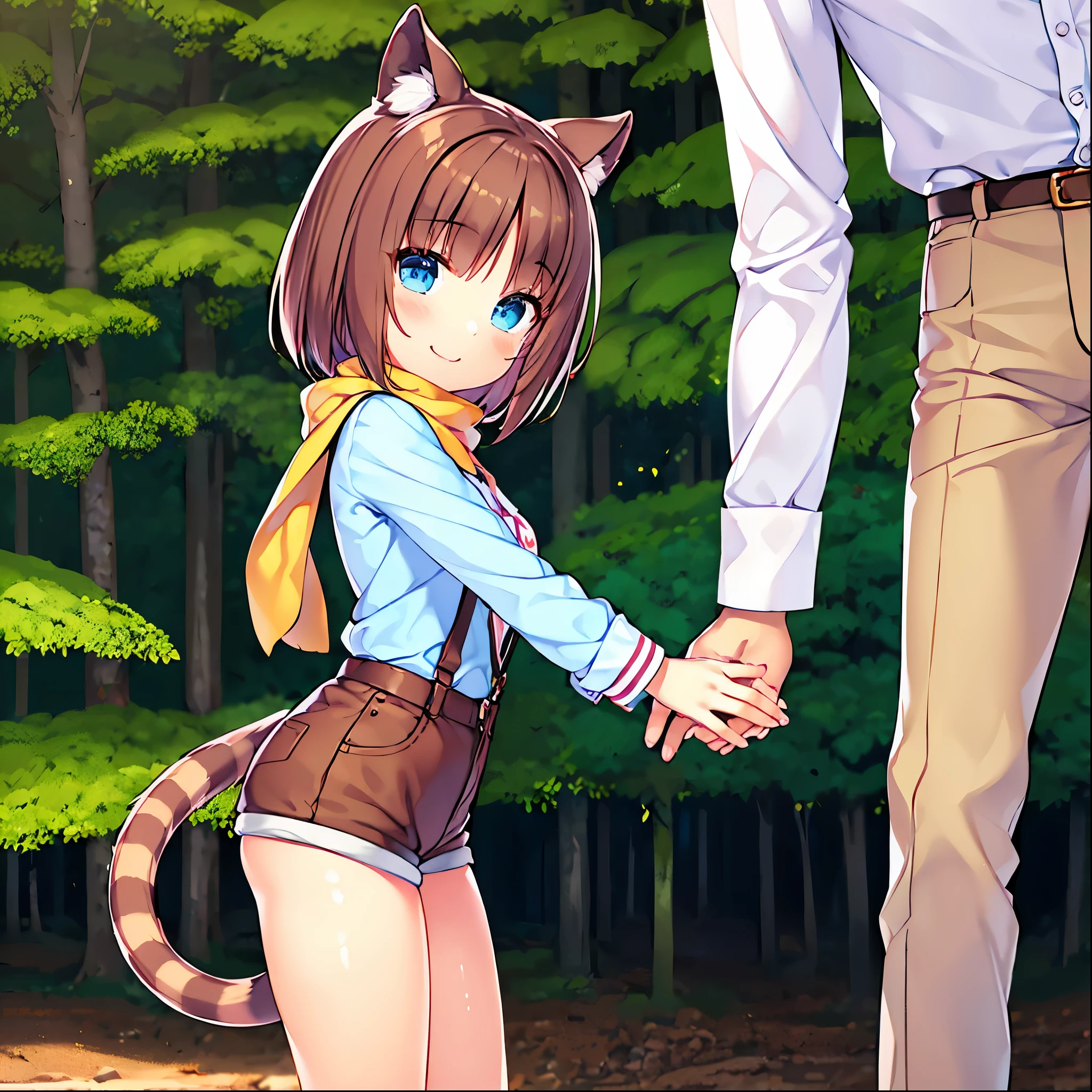  best quality、8k、Ultra-precision imaging 、One Girl、1 male with brown skin、blue eyes、Brown Hair、Cat ears and tail、Small breasts、white shirt with brown suspenders、Blue scarf、 denim hot pants、 white sneakers 、Bright Forest、smile、A man strokes a girl's head