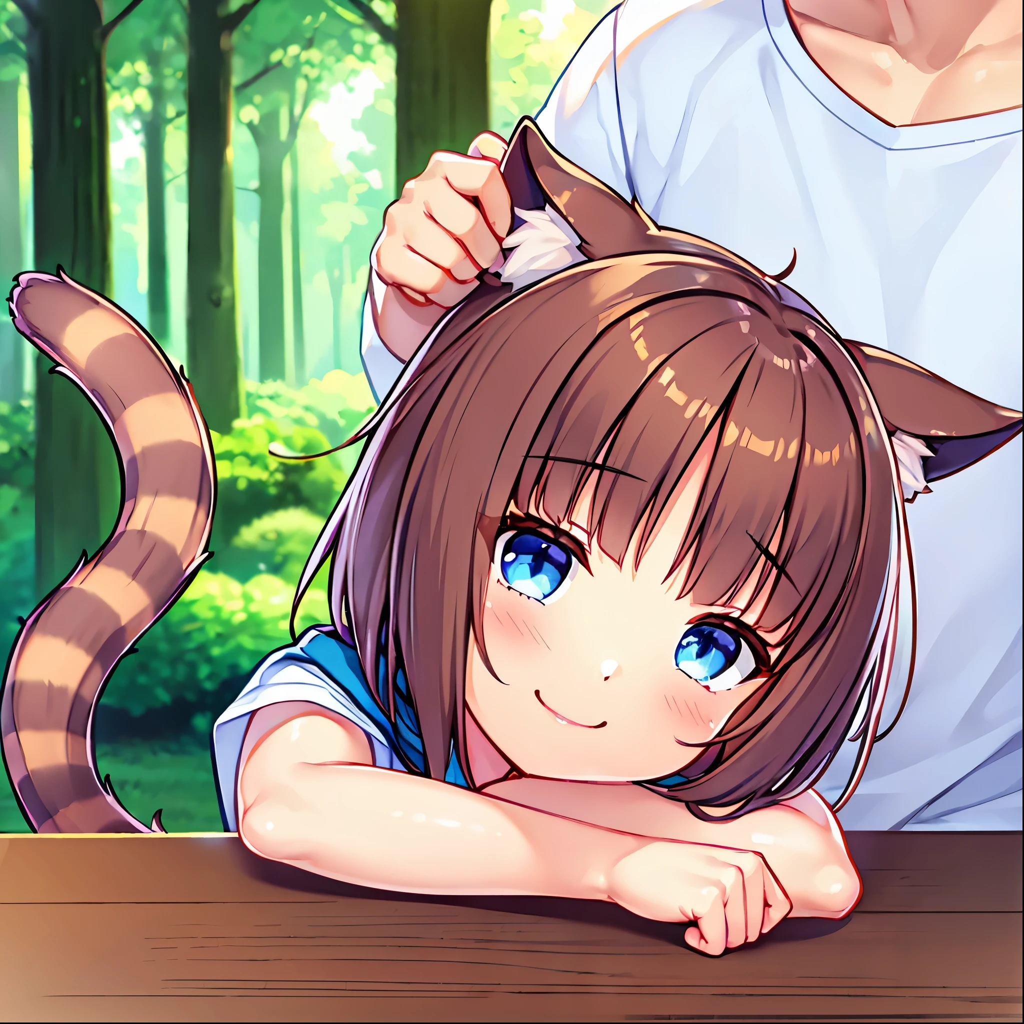  best quality、8k、Ultra-precision imaging 、One Girl、1 male with brown skin、blue eyes、Brown Hair、Cat ears and tail、Small breasts、white shirt with brown suspenders、Blue scarf、 denim hot pants、 white sneakers 、Bright Forest、smile、A man strokes a girl's head