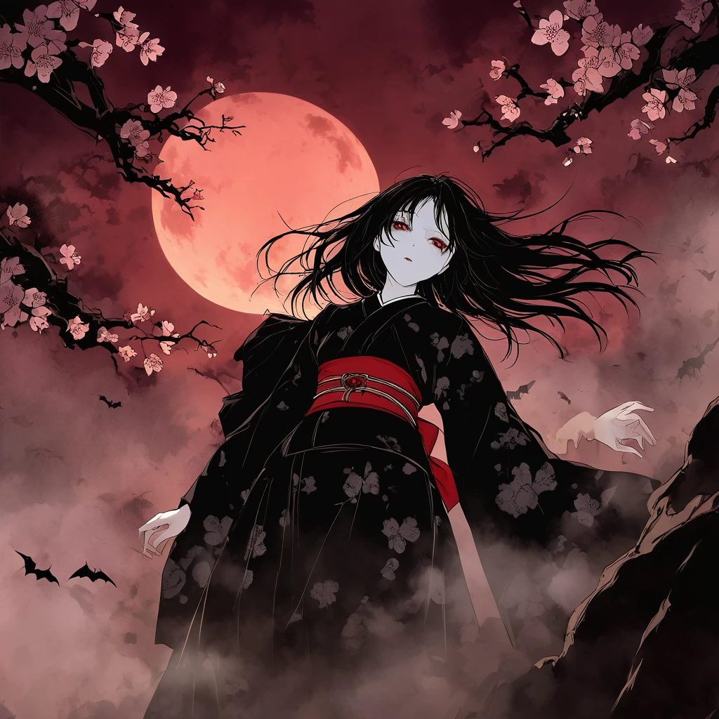 Long black hair fluttering in the wind .。amount。spooky。Pure white skin。Alone。 half of my body is covered in fog。Woman floating。Bell sound。darkness。fear。spookyな雰囲気。Japan。Tattered black kimono。night。Red Belt。Black silk kimono。。cherry blossoms。full moon。Red Sky。cherry blossomsの花。Horror, chiaroscuro , angle from below。