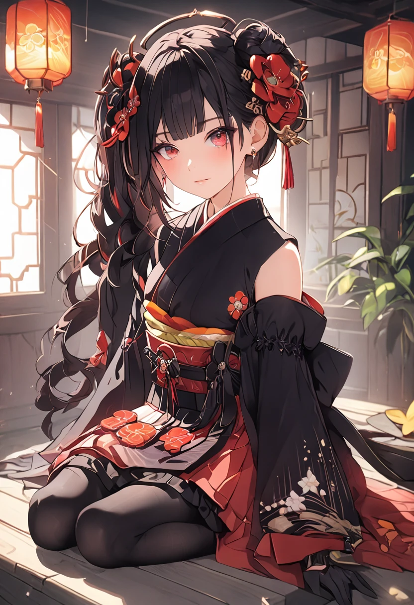 a detailed portrait of a beautiful young japanese girl with red eyes, brown hair in a side ponytail, wearing a kimono with detached sleeves, sash, black gloves, black thighhighs and pantyhose, high heels, ornate makeup, hair ornament, (best quality,4k,8k,highres,masterpiece:1.2),ultra-detailed ,portrait,intricate details,delicate features,elegant,graceful,dramatic lighting,vibrant colors, chiori, 1girl, red eyes, brown hair, side ponytail, whole body,makeup, hair ornament,japanese clothes, kimono, detached sleeves, sash, black gloves, black thighhighs, pantyhose, high_heels, full body, masterpiece,bestquality,superwideangle,fingeraudience,1girl,pmasterpiece,transparentcolorPVCclothing,transparentcolorvinylclothing,wholebody,glitchlump}onface,smilefilmgrain,lens_flare,colorful,chromaticaberration,dynamicpov,closedmouth,Intenseemotionalexpression:death,glitchart,ultra-detailed,extremelydelicateandbeautiful,albumcover,album,albumdescription,Pixilationonface,Doubleexposure,ChromaticAberration,Lightleaks,Noiseandgrain,Colordegradation,Glitchlettering,art,abstractart,geometry,clearlines,squares,bright,limitedpalette,{canonicalcomposition},neatdiagonalstripedbackground,{{bluewithwhitestripedbackground}},{limitedpalette},flatcolored