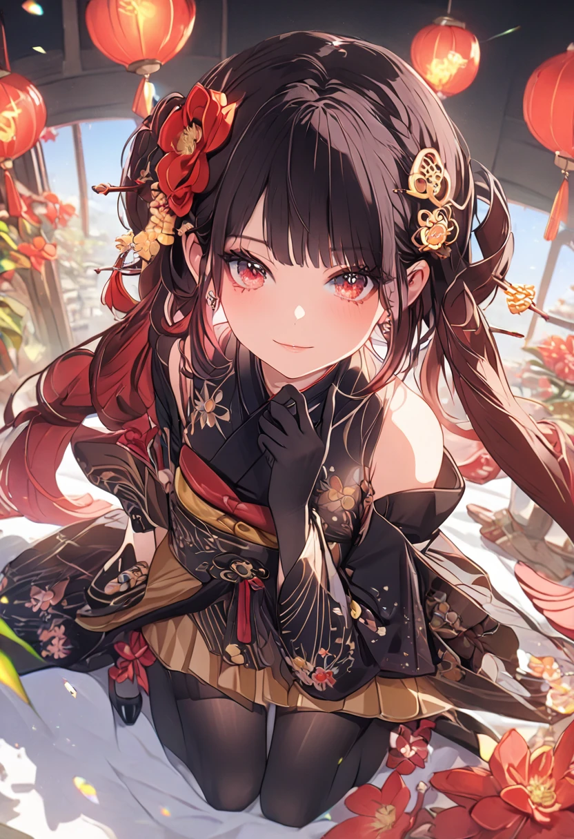 a detailed portrait of a beautiful young japanese girl with red eyes, brown hair in a side ponytail, wearing a kimono with detached sleeves, sash, black gloves, black thighhighs and pantyhose, high heels, ornate makeup, hair ornament, (best quality,4k,8k,highres,masterpiece:1.2),ultra-detailed ,portrait,intricate details,delicate features,elegant,graceful,dramatic lighting,vibrant colors, chiori, 1girl, red eyes, brown hair, side ponytail, whole body,makeup, hair ornament,japanese clothes, kimono, detached sleeves, sash, black gloves, black thighhighs, pantyhose, high_heels, full body, masterpiece,bestquality,superwideangle,fingeraudience,1girl,pmasterpiece,transparentcolorPVCclothing,transparentcolorvinylclothing,wholebody,glitchlump}onface,smilefilmgrain,lens_flare,colorful,chromaticaberration,dynamicpov,closedmouth,Intenseemotionalexpression:death,glitchart,ultra-detailed,extremelydelicateandbeautiful,albumcover,album,albumdescription,Pixilationonface,Doubleexposure,ChromaticAberration,Lightleaks,Noiseandgrain,Colordegradation,Glitchlettering,art,abstractart,geometry,clearlines,squares,bright,limitedpalette,{canonicalcomposition},neatdiagonalstripedbackground,{{bluewithwhitestripedbackground}},{limitedpalette},flatcolored